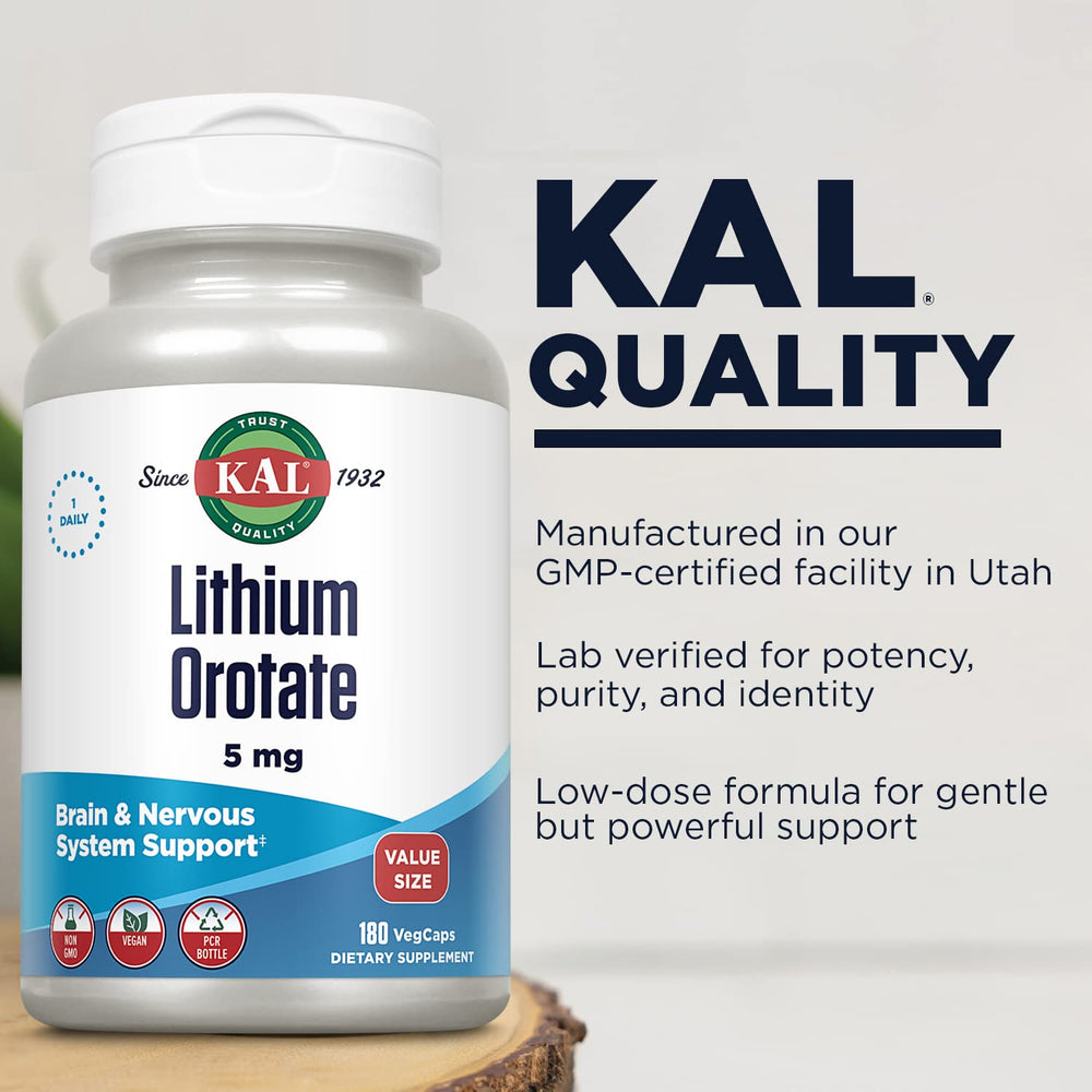 KAL Lithium Orotate 5mg in recycled PCR bottle, eco-friendly packaging.