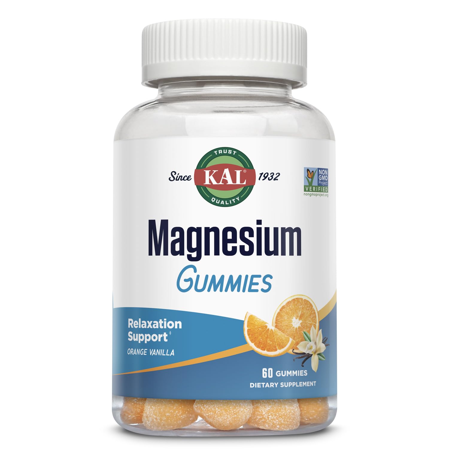 KAL Magnesium Citrate Gummies bottle with orange vanilla flavor for daily relaxation