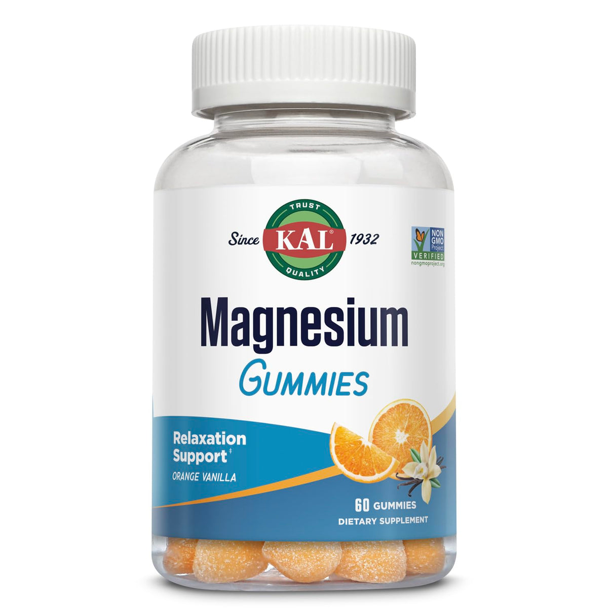 KAL Magnesium Citrate Gummies bottle with orange vanilla flavor for daily relaxation