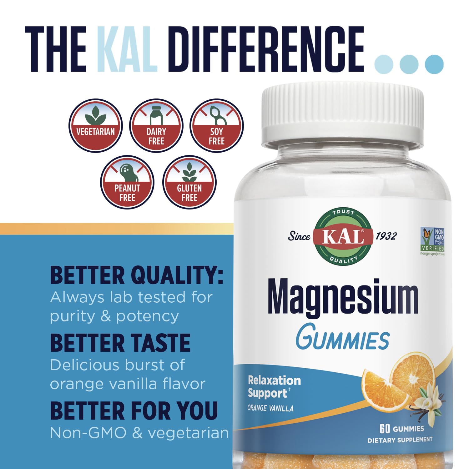 KAL Magnesium Citrate Gummies packaging front features orange vanilla taste and quality promise