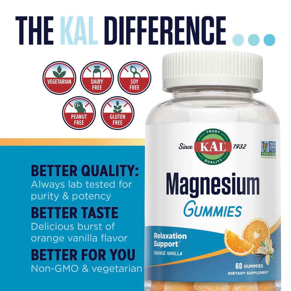 KAL Magnesium Citrate Gummies packaging front features orange vanilla taste and quality promise
