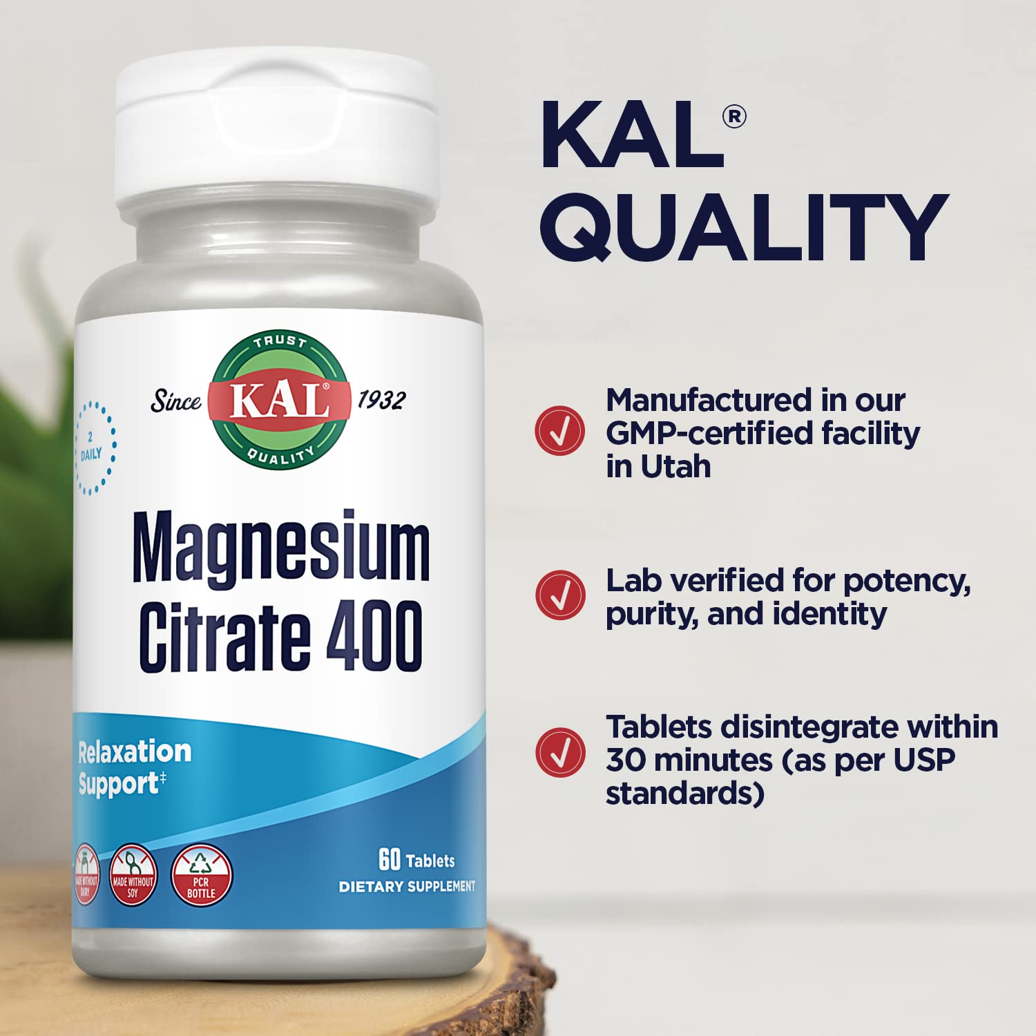 KAL Magnesium Citrate bottle near ingredients information for transparency
