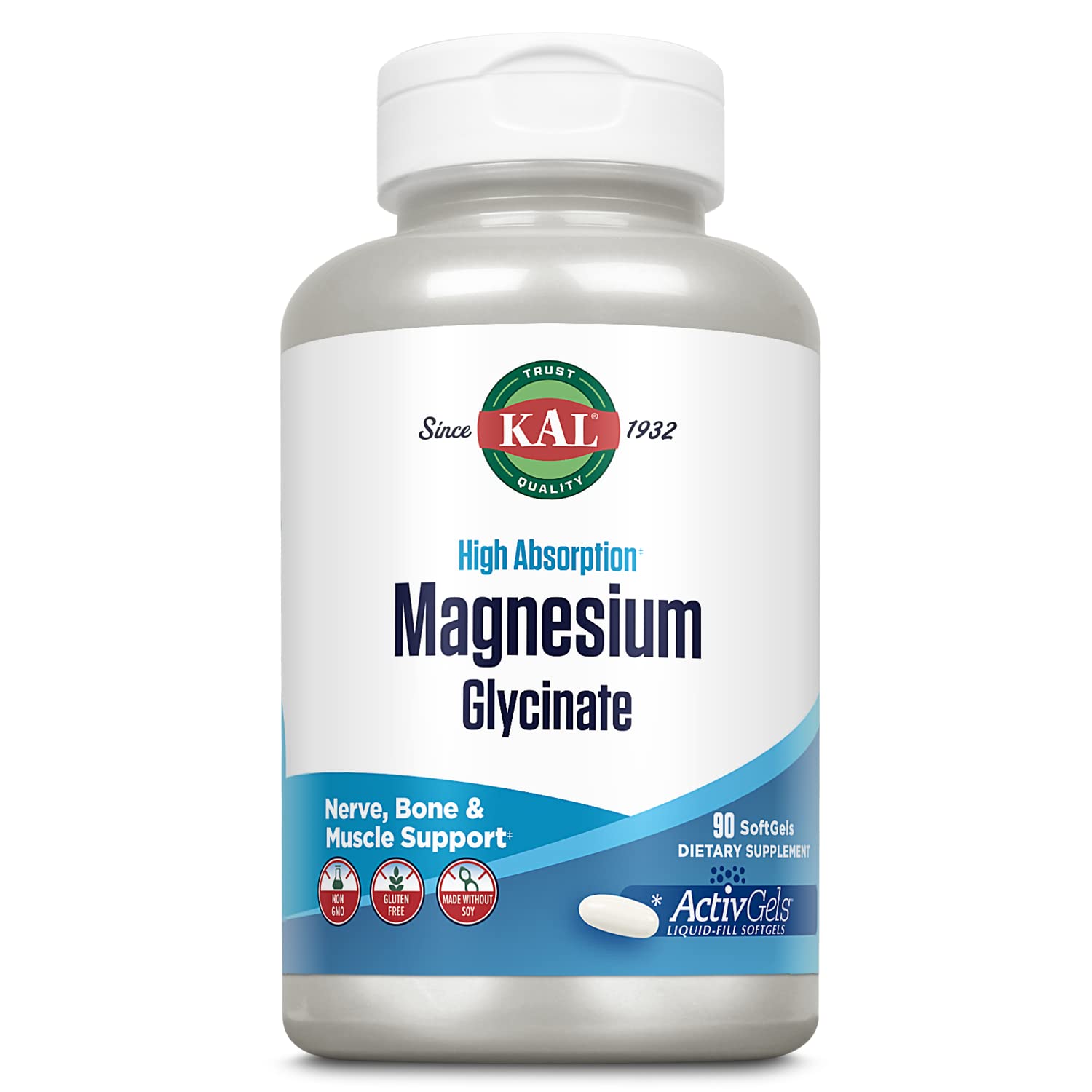 KAL Magnesium Glycinate ActivGels bottle with softgels for daily muscle and nerve support.