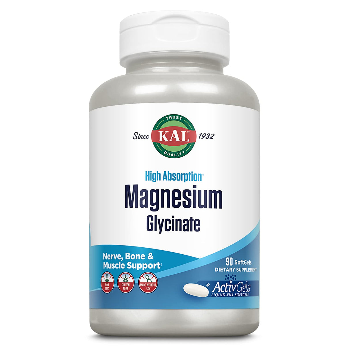 KAL Magnesium Glycinate ActivGels bottle with softgels for daily muscle and nerve support.