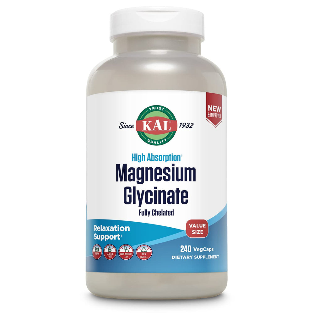 KAL Magnesium Glycinate bottle close-up highlighting high absorption potential.