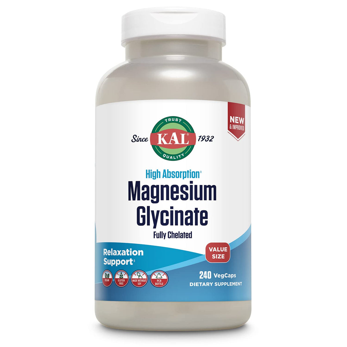 KAL Magnesium Glycinate bottle close-up highlighting high absorption potential.