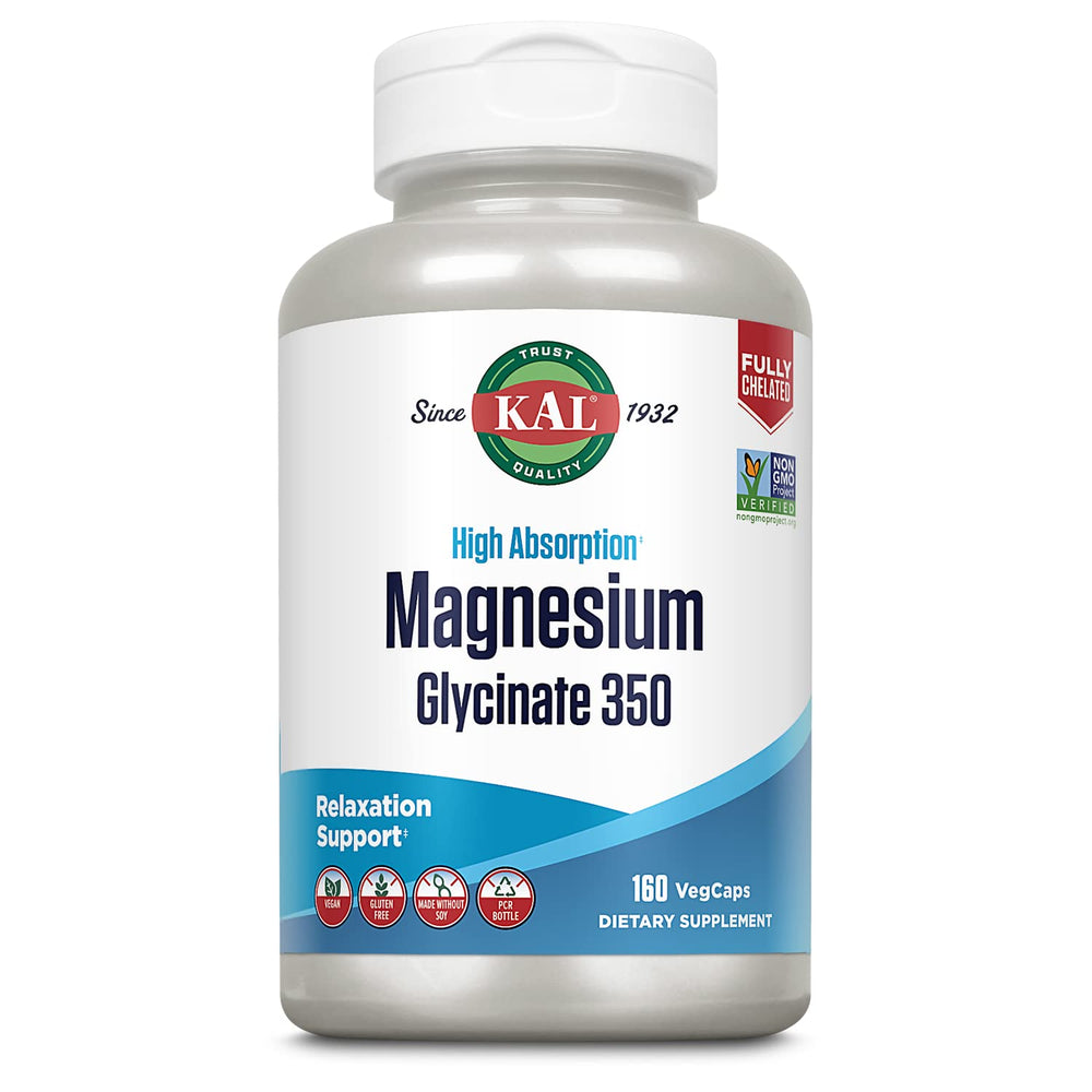 KAL Magnesium Glycinate bottle label highlights chelated formula and absorption