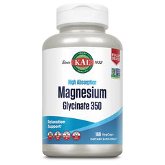 KAL Magnesium Glycinate bottle label highlights chelated formula and absorption