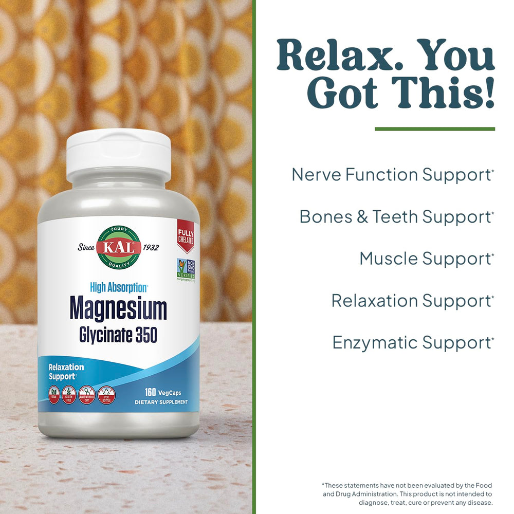 KAL Magnesium Glycinate bottle on shelf emphasizes non-GMO and vegan-friendly packaging