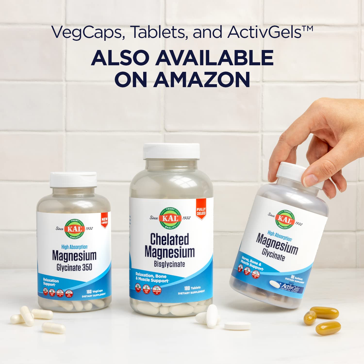 KAL Magnesium Glycinate bottle beside glass of water, convenient daily use.