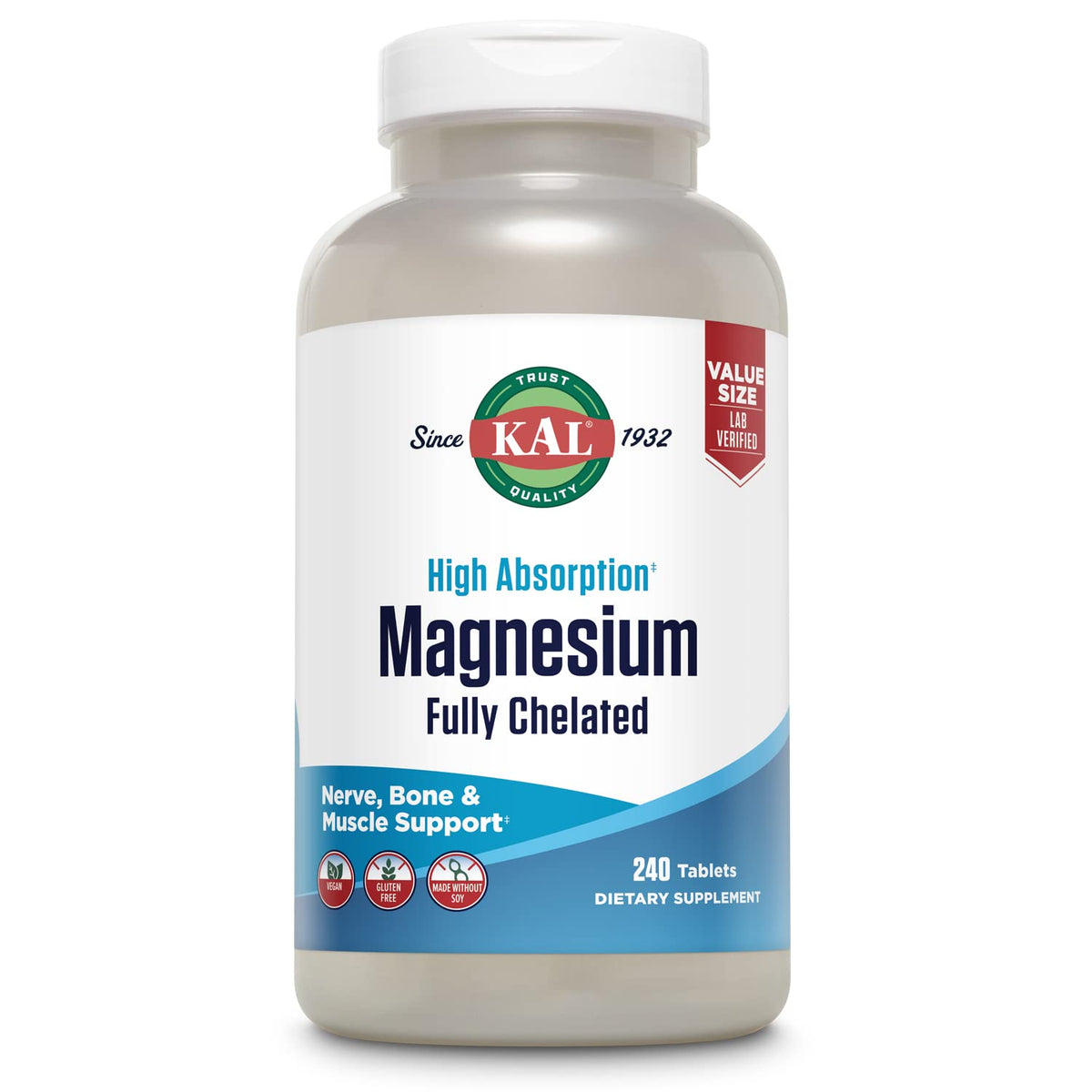 KAL Magnesium Glycinate tablets in bottle, high absorption for nerve and muscle support.