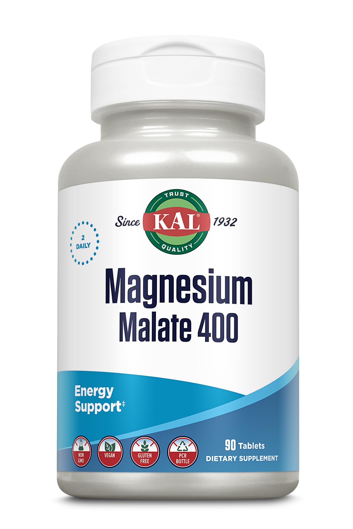 KAL Magnesium Malate 400mg bottle label highlighting malic acid formula