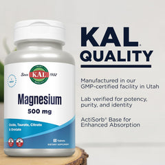 KAL magnesium tablets with a glass of water illustrate daily use and routine.