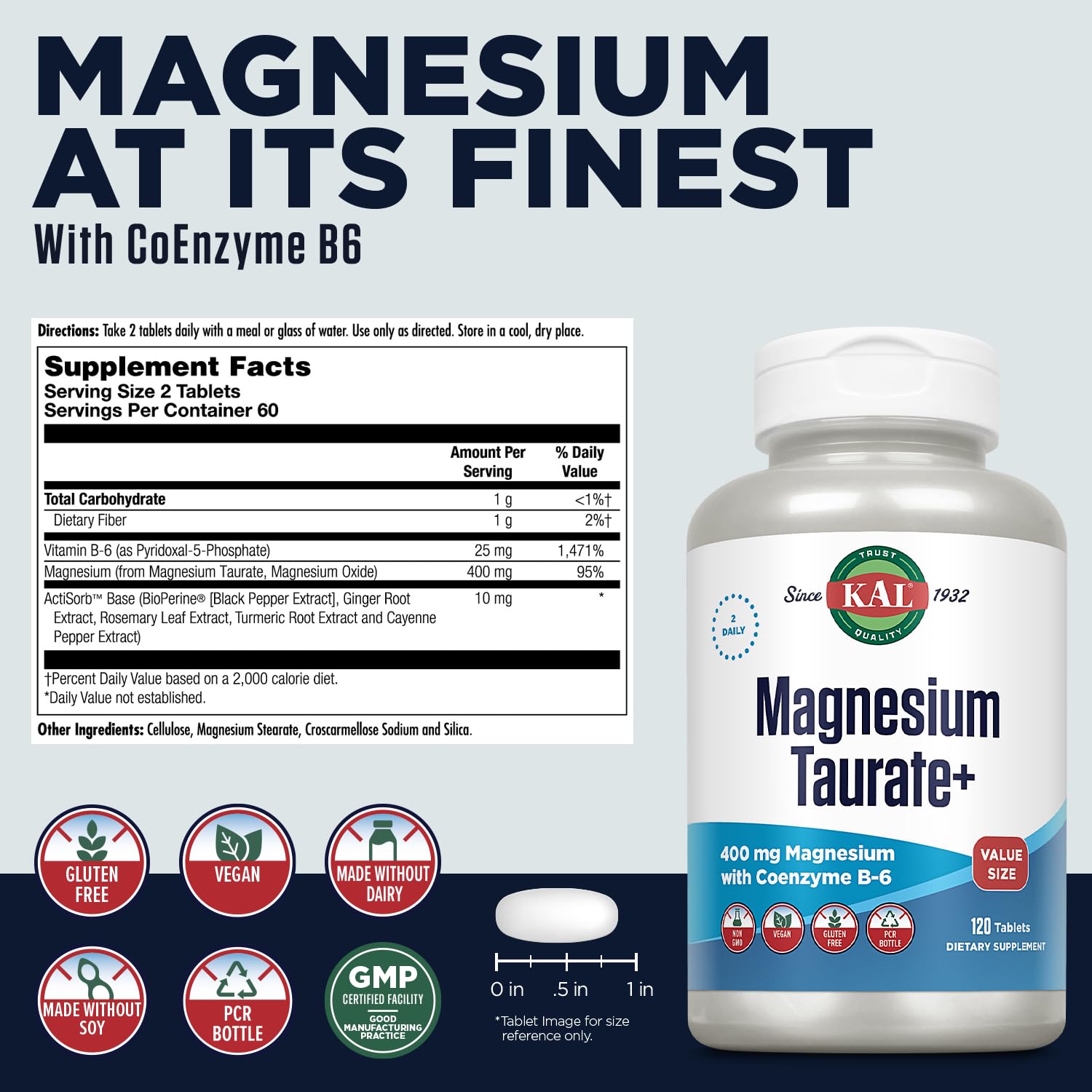 KAL Magnesium Taurate Plus tablets close-up showing chelated magnesium delivery