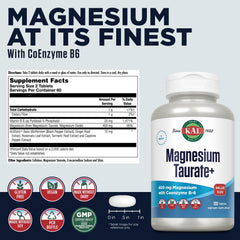 KAL Magnesium Taurate Plus tablets close-up showing chelated magnesium delivery