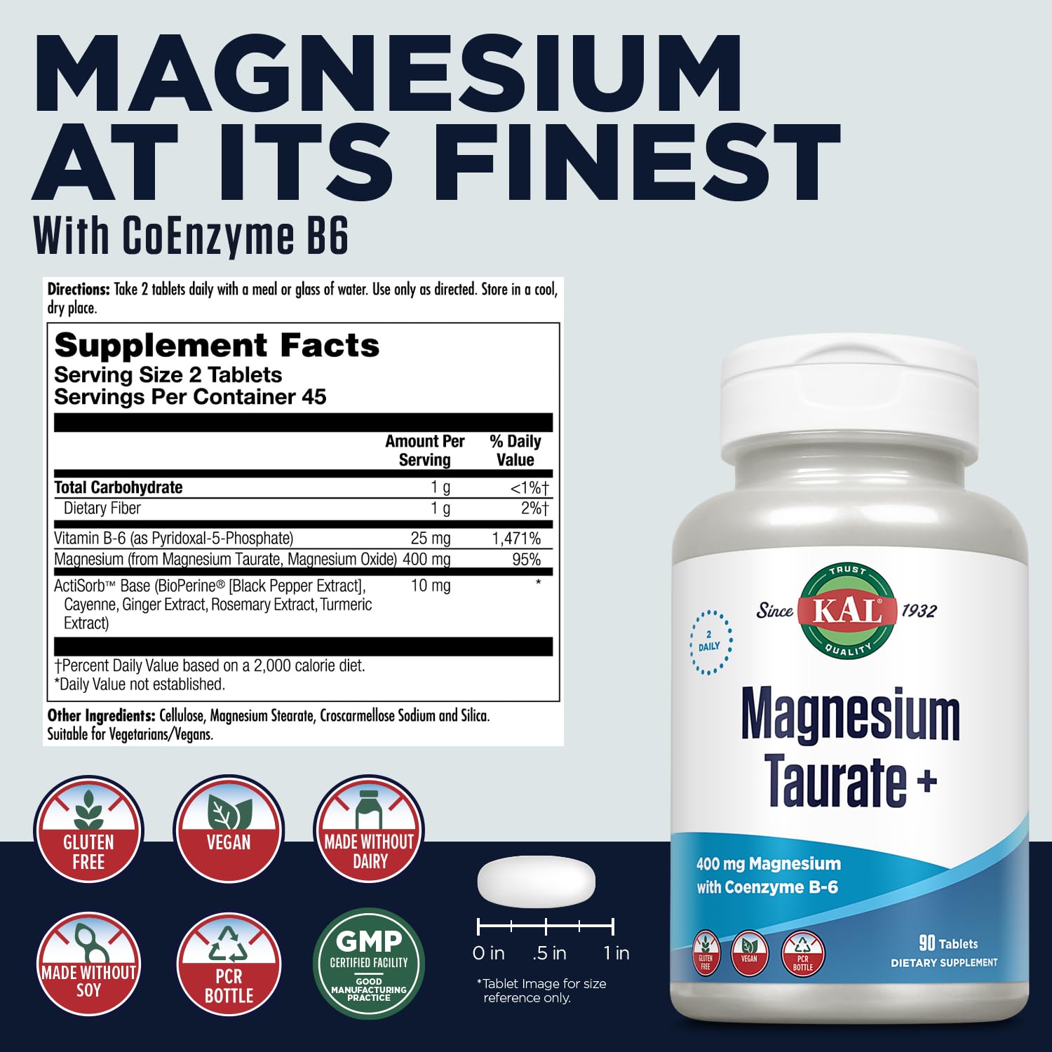 Close-up of KAL Magnesium Taurate tablets highlighting high absorption benefits.