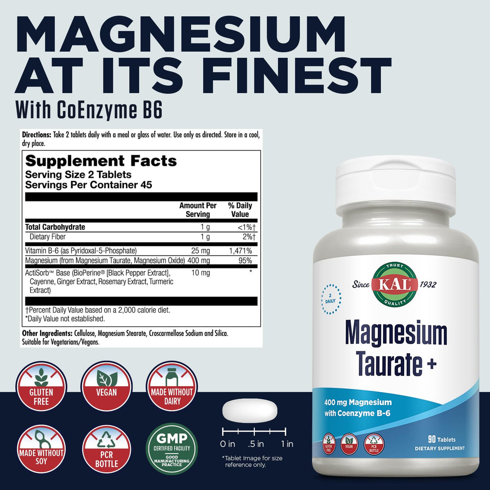 Close-up of KAL Magnesium Taurate tablets highlighting high absorption benefits.