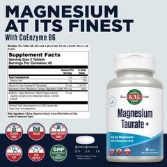Close-up of KAL Magnesium Taurate tablets highlighting high absorption benefits.