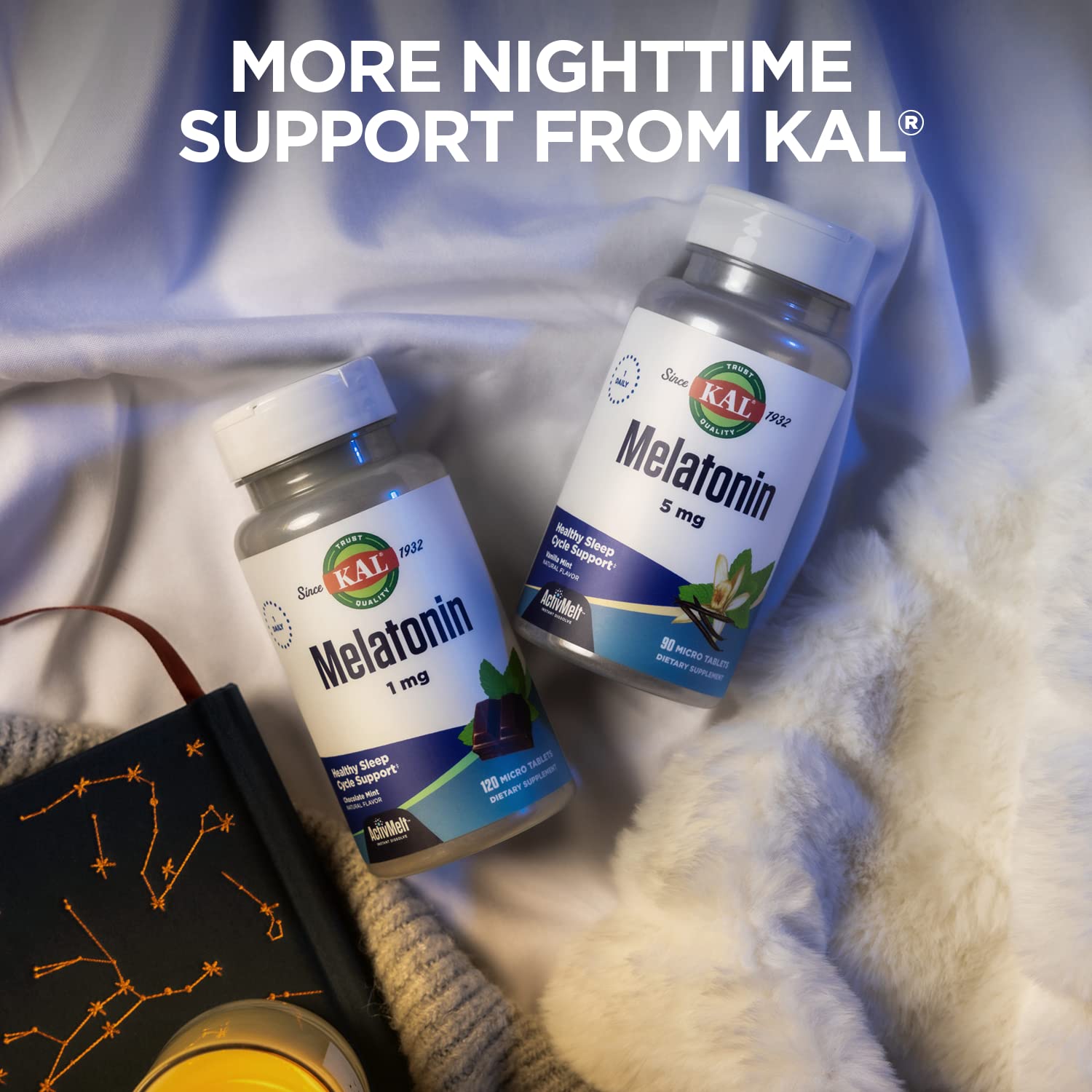 KAL Melatonin DropIns night routine scene with berry-flavored aid