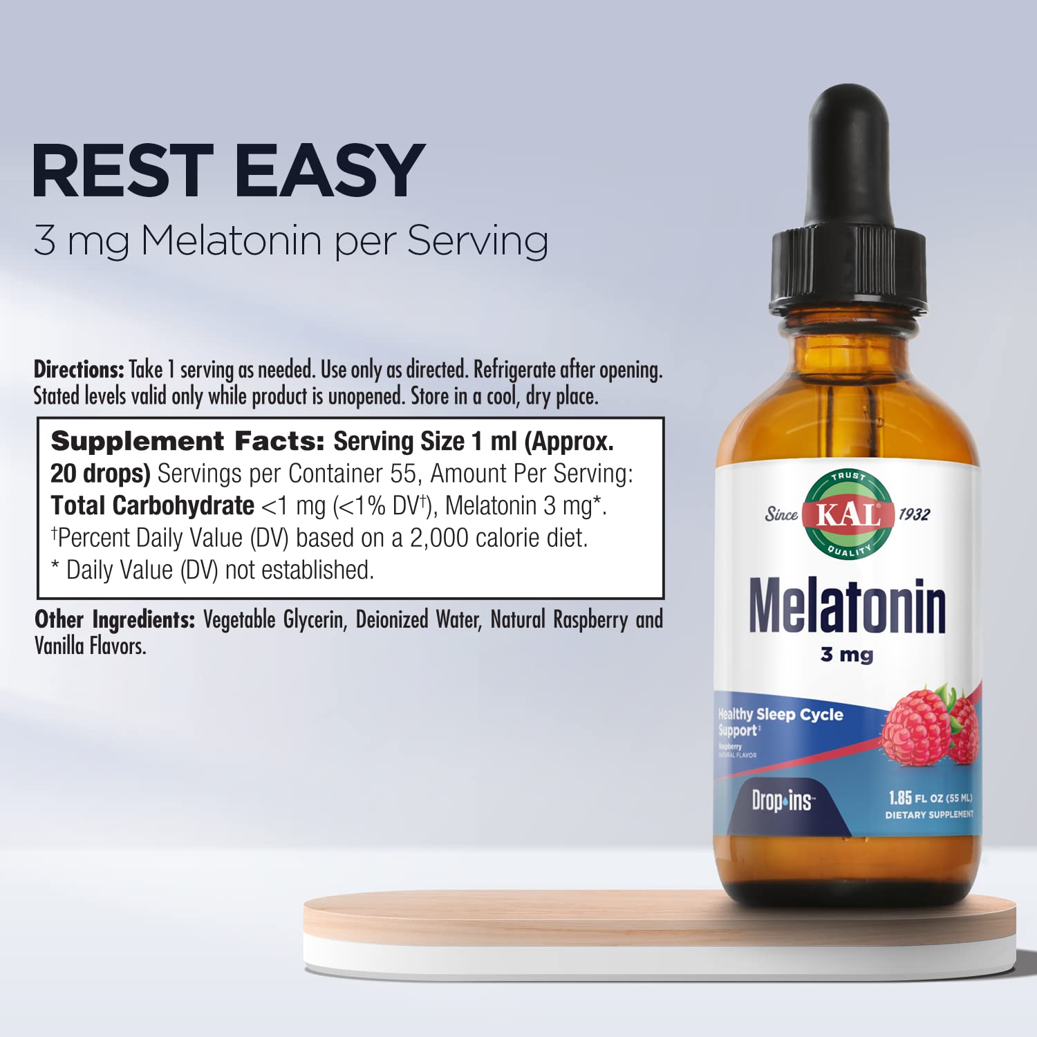 KAL Melatonin DropIns raspberry flavor glass suggesting pleasant taste