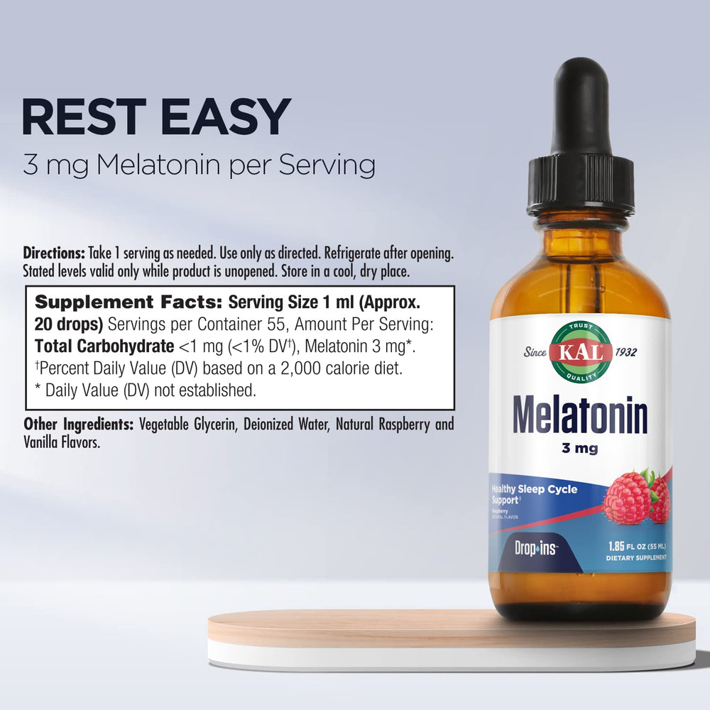 KAL Melatonin DropIns raspberry flavor glass suggesting pleasant taste