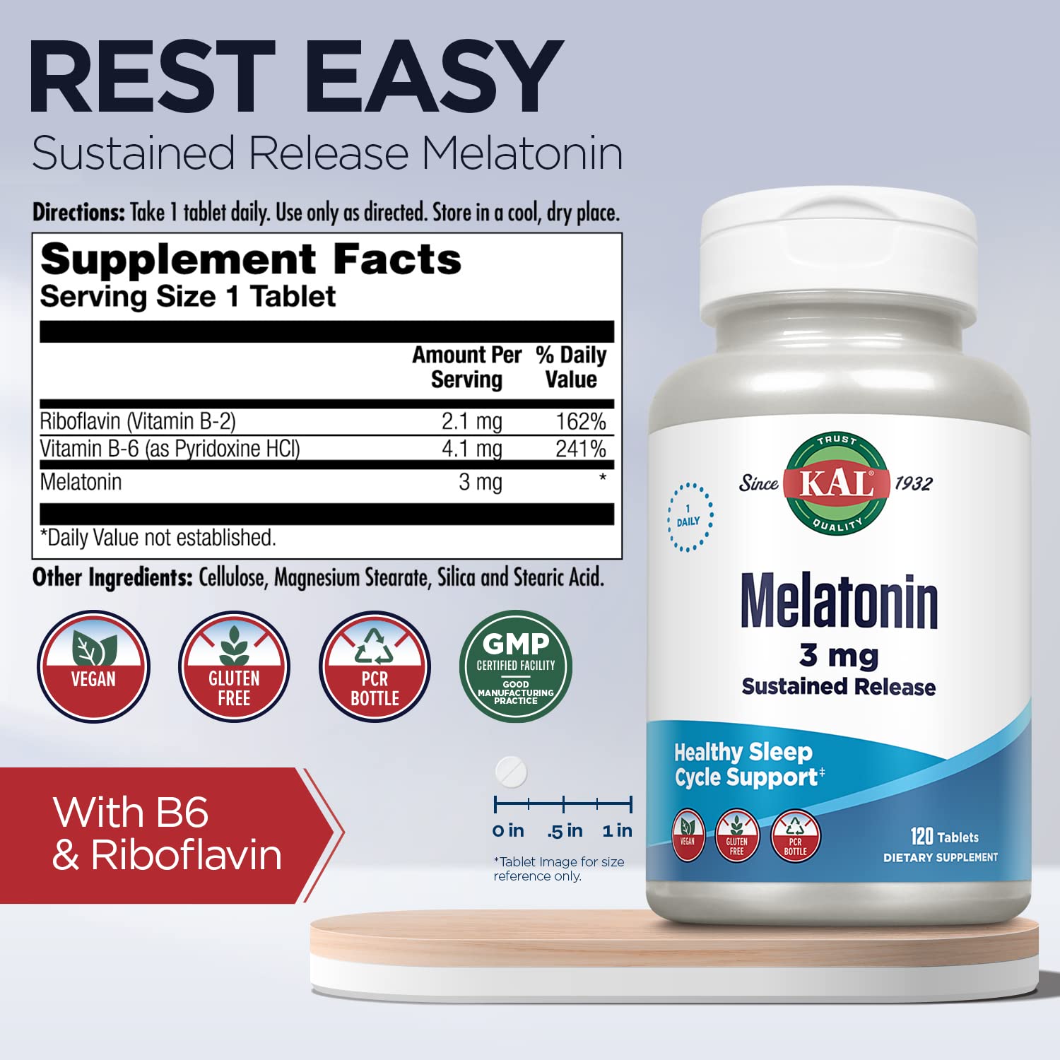 KAL Melatonina con vitaminas B6 y B2 para descanso