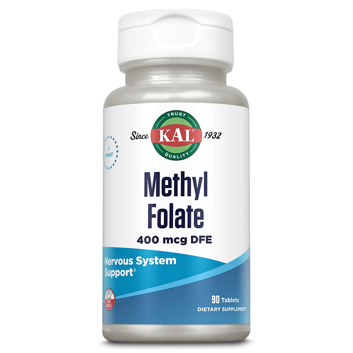 KAL Methyl Folate ActivTab tablets inside bottle for fast-dissolving daily support.