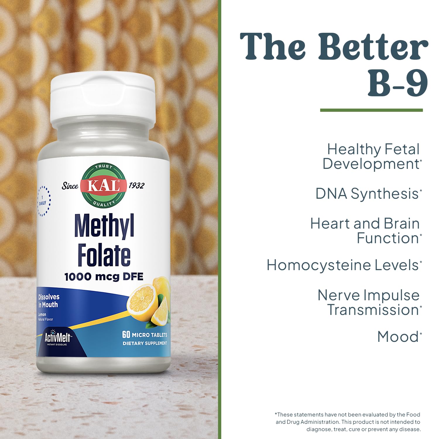 KAL Methyl Folate capsules in packaging highlight transparent labeling