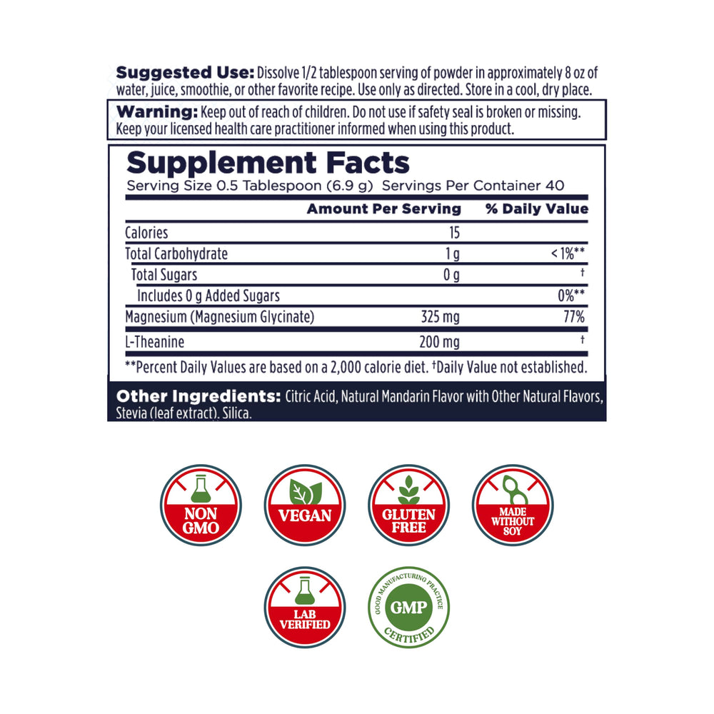 KAL Mood Magnesium Powder ingredient list highlights high-absorption magnesium glycinate and L-Theanine