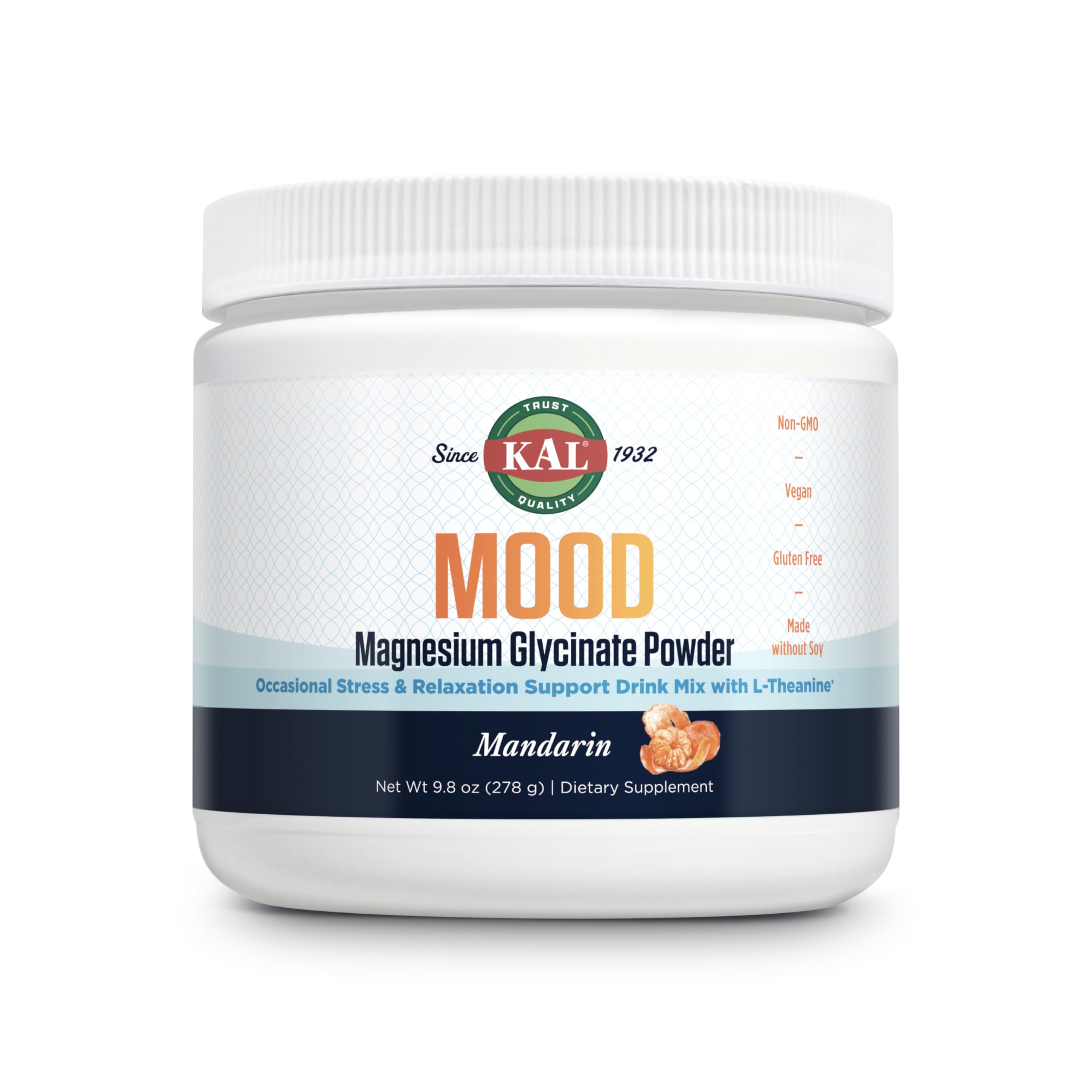 KAL Mood Magnesium Powder Mandarin front label highlights vegan, gluten-free formula for calm support