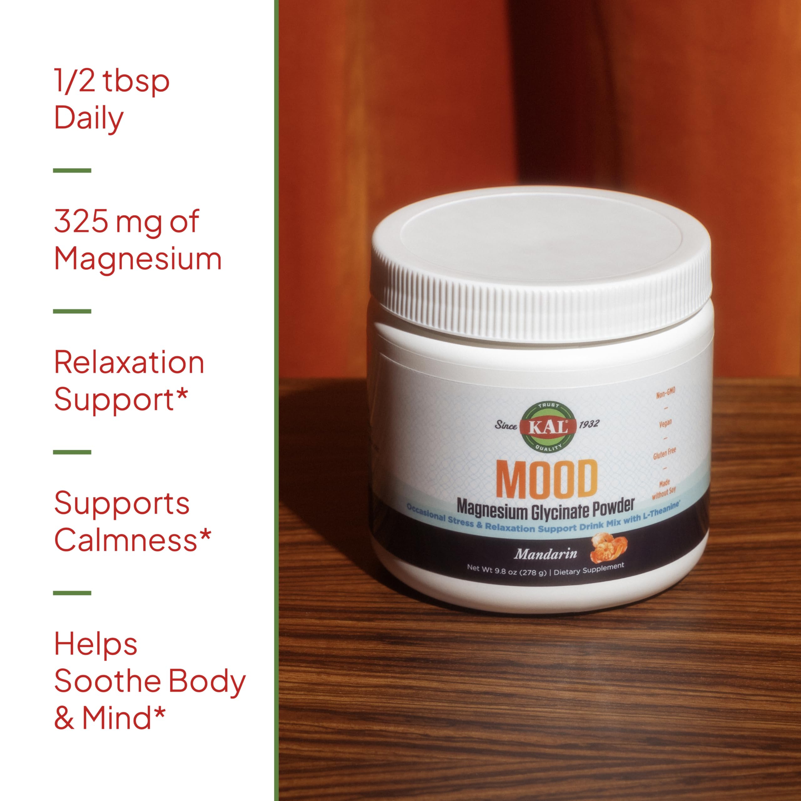 KAL Mood Magnesium Powder scoop in jar demonstrates convenient daily dosage