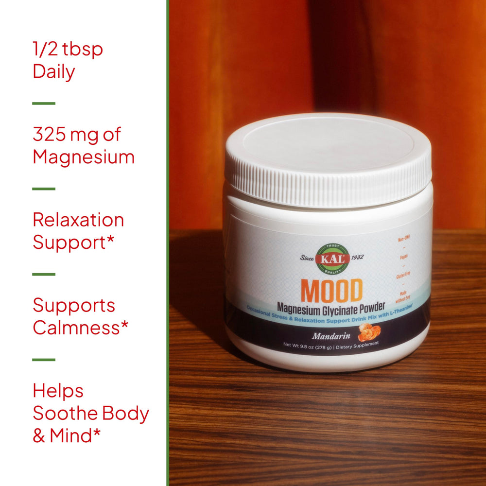 KAL Mood Magnesium Powder scoop in jar demonstrates convenient daily dosage