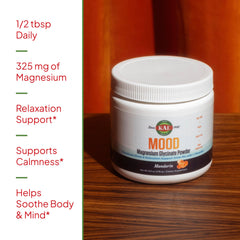 KAL Mood Magnesium Powder scoop in jar demonstrates convenient daily dosage