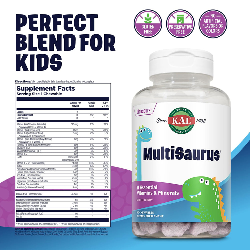 KAL MultiSaurus dinosaur-shape chewables: fun, friendly texture encourages daily supplementation.