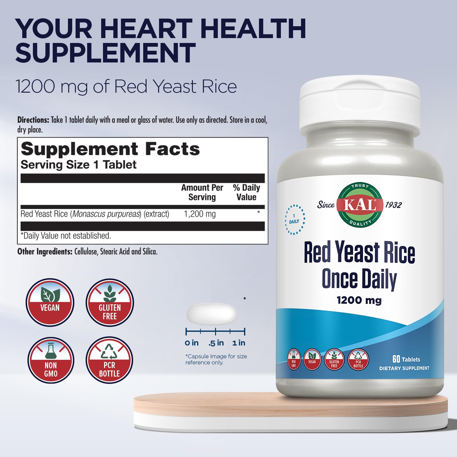 KAL Once Daily Red Yeast Rice label closeup for easy daily supplementation planning.
