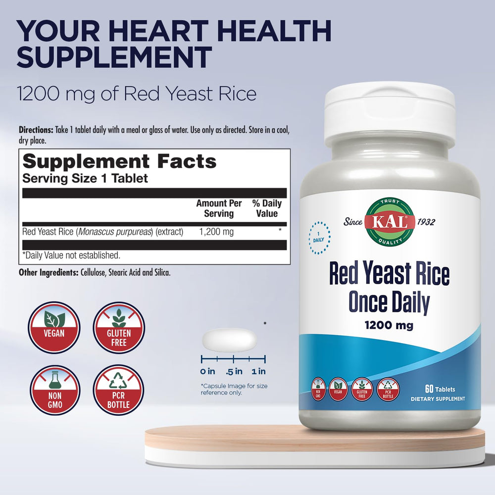 KAL Once Daily Red Yeast Rice label closeup for easy daily supplementation planning.
