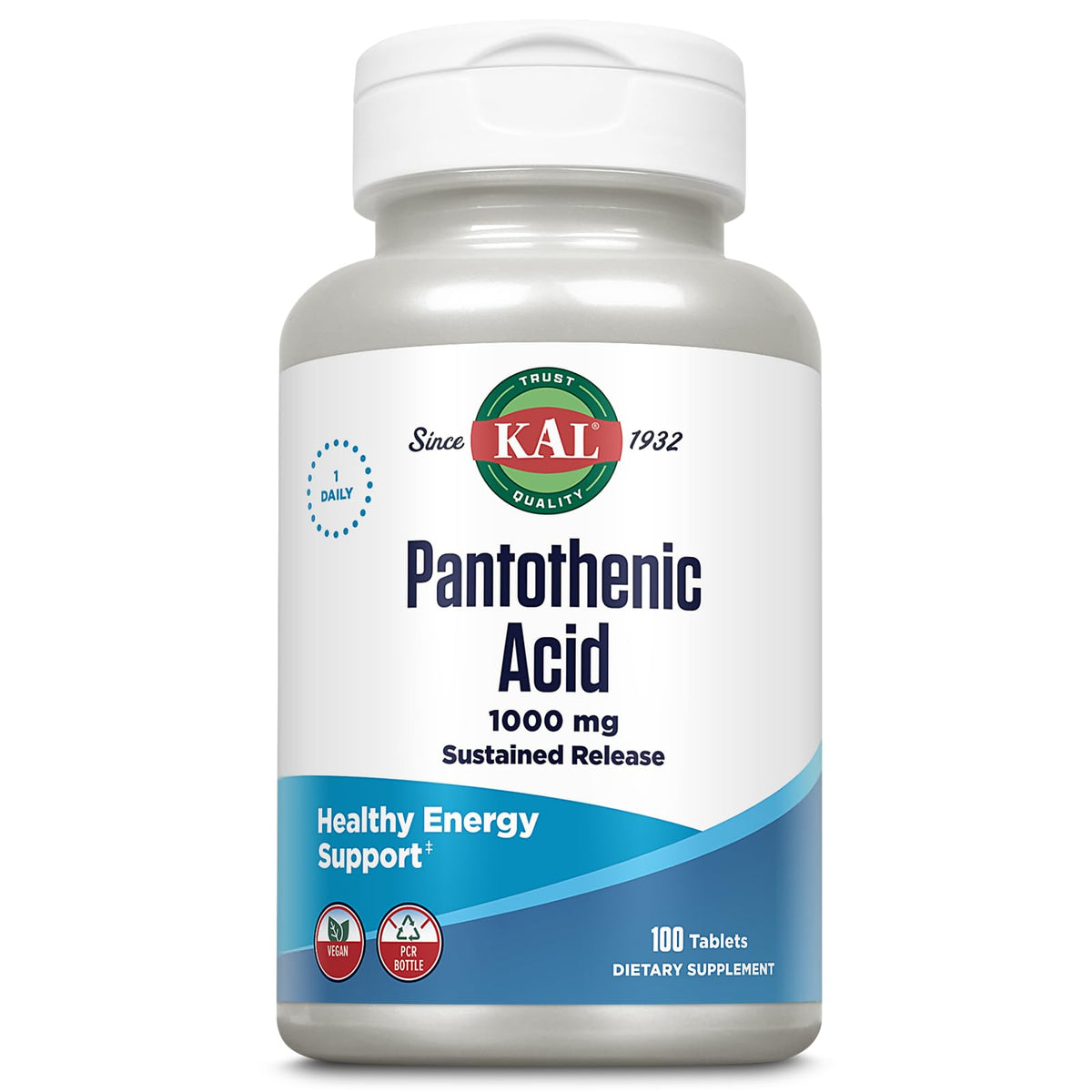 KAL Pantothenic Acid 1000mg bottle highlighting sustained-release energy support