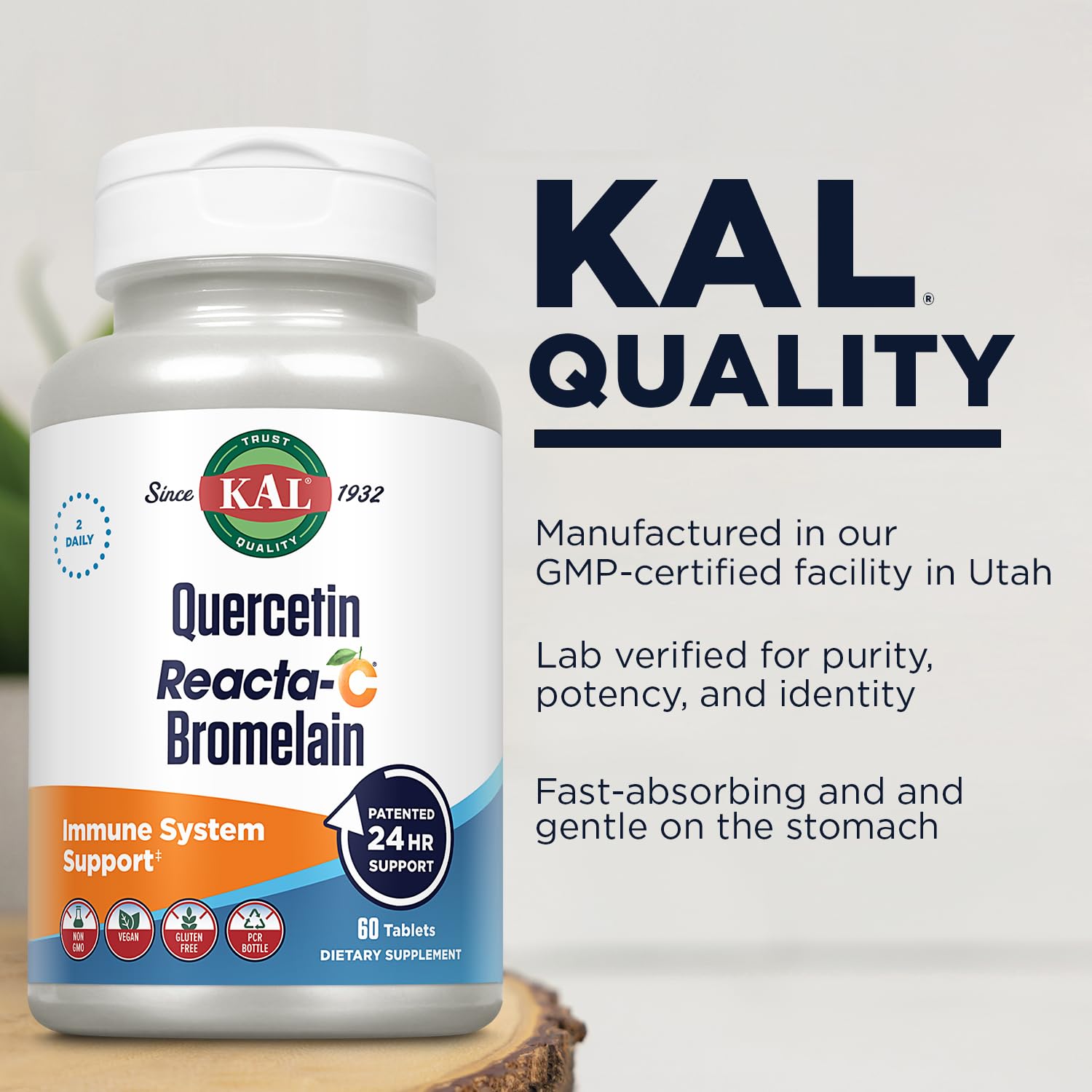 KAL Quercetin Reacta-C Bromelain box and bottle combo emphasizes sustainability