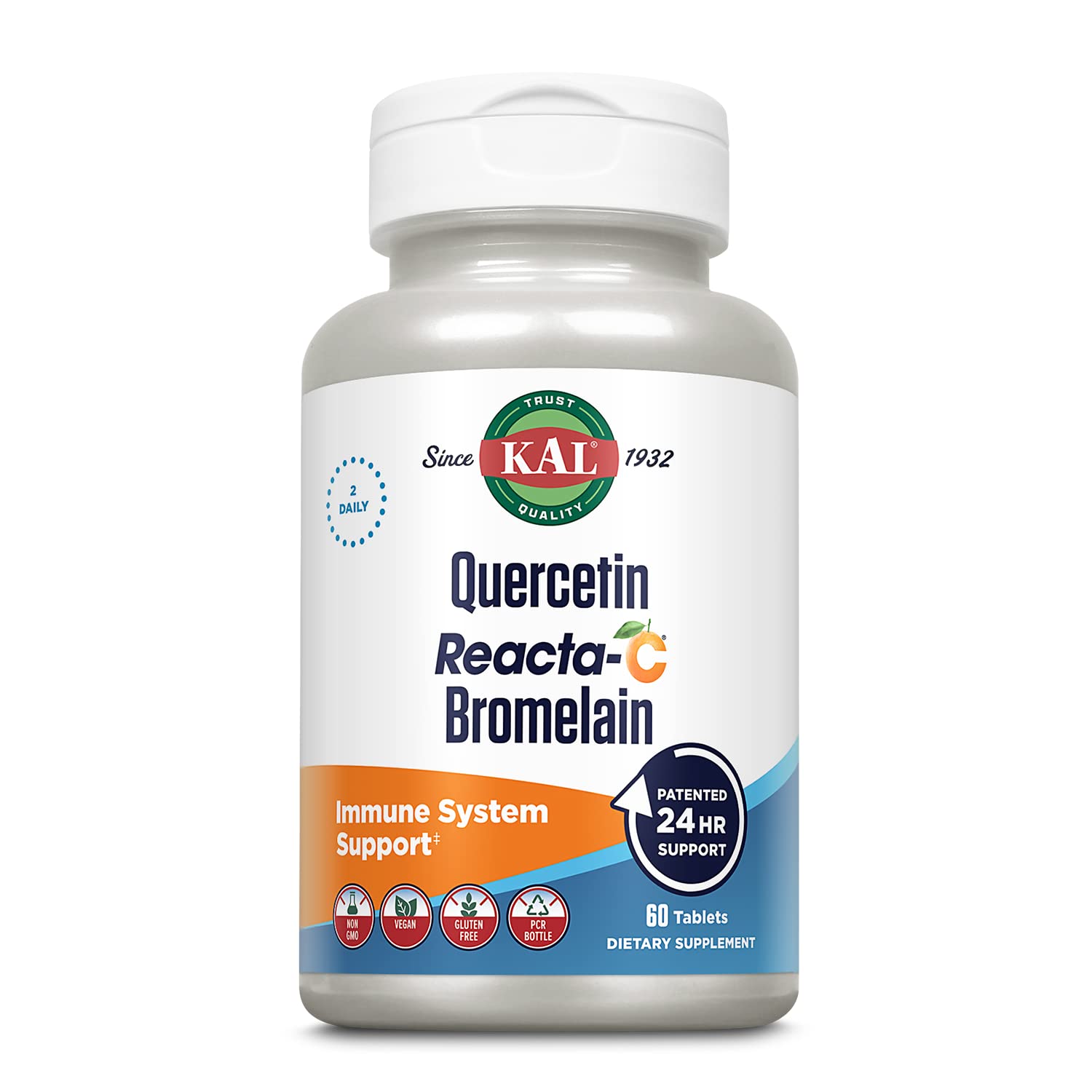 KAL Quercetin Reacta-C Bromelain bottle highlights all-day immune support
