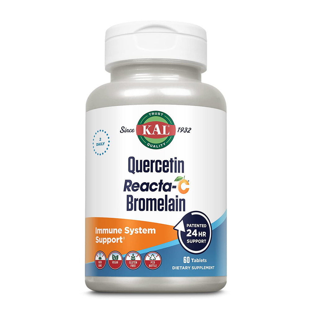 KAL Quercetin Reacta-C Bromelain bottle highlights all-day immune support