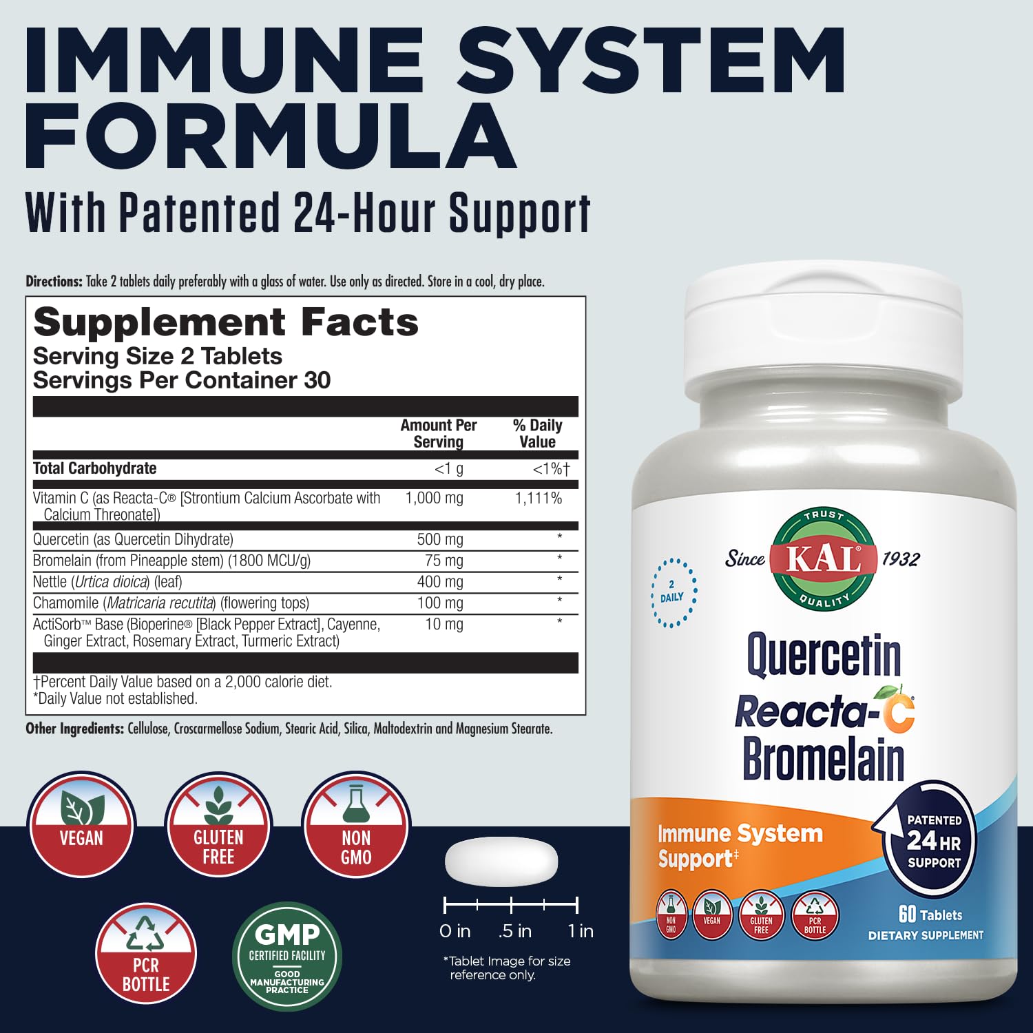 KAL Quercetin Reacta-C Bromelain ingredient panel shows natural bioflavonoids