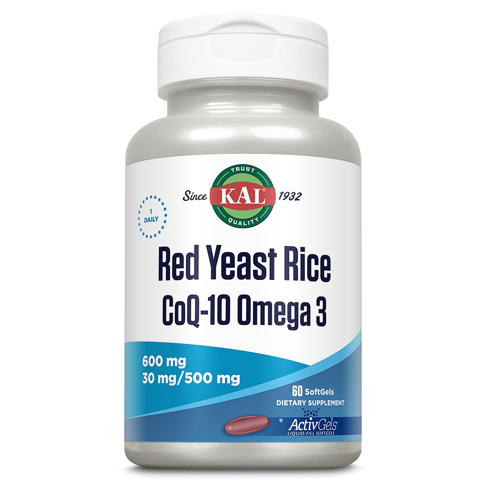 Kal Red Yeast Rice COQ10 Omega 3 bottle front for daily wellness.