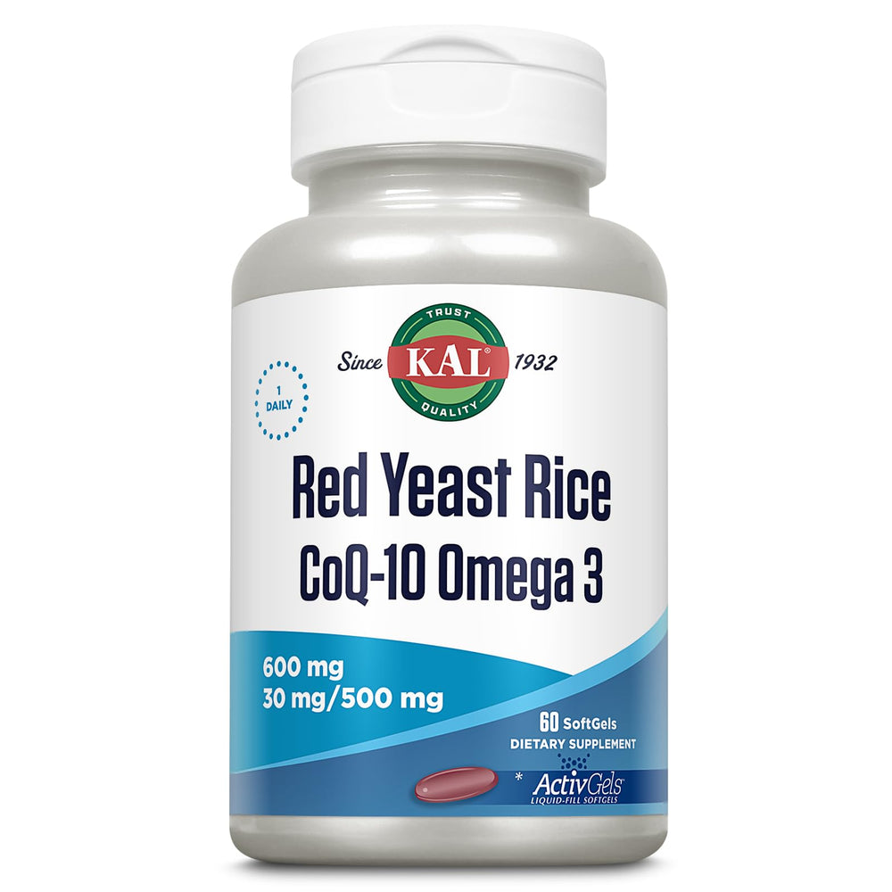 Kal Red Yeast Rice COQ10 Omega 3 bottle front for daily wellness.