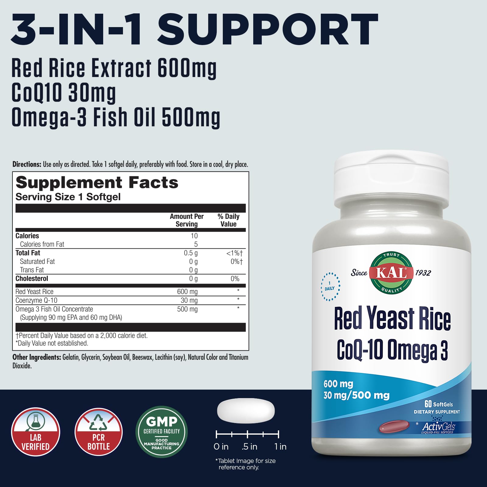 Kal Red Yeast Rice COQ10 Omega 3 capsules close-up; easy-to-swallow soft gels.
