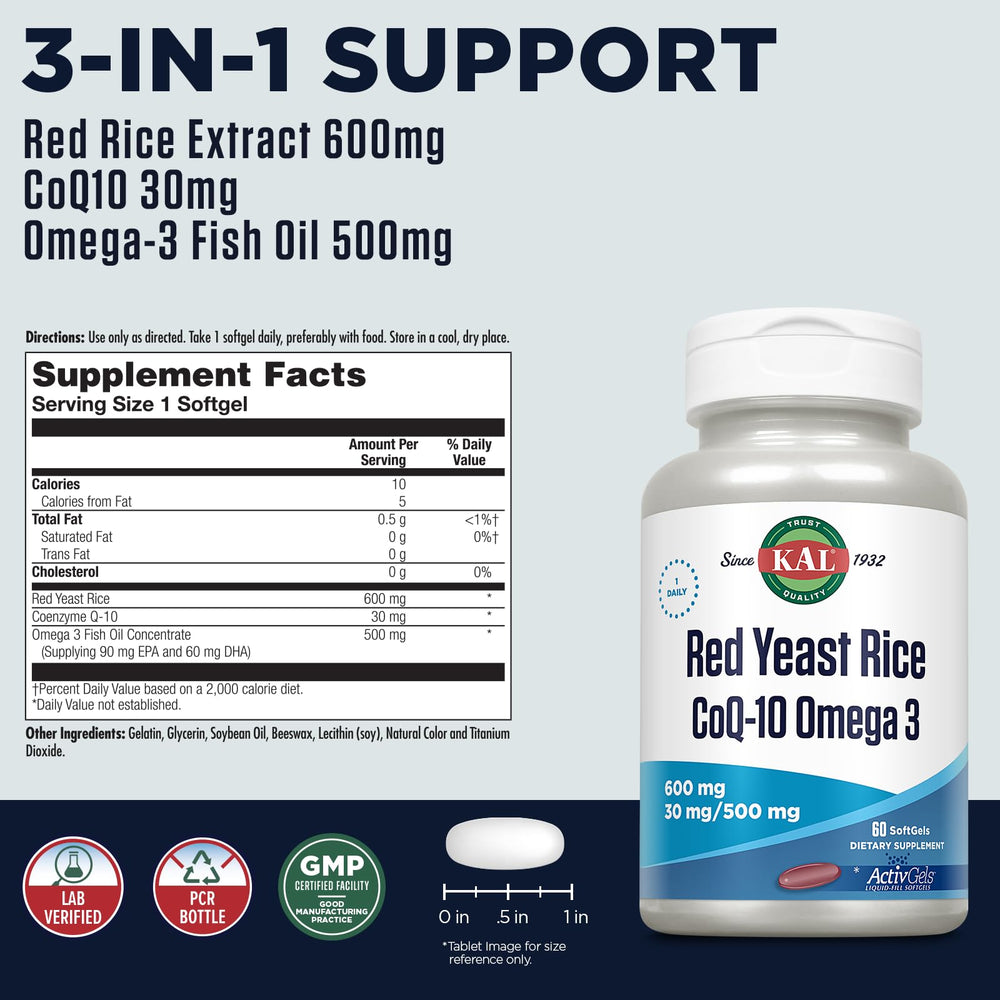 Kal Red Yeast Rice COQ10 Omega 3 capsules close-up; easy-to-swallow soft gels.