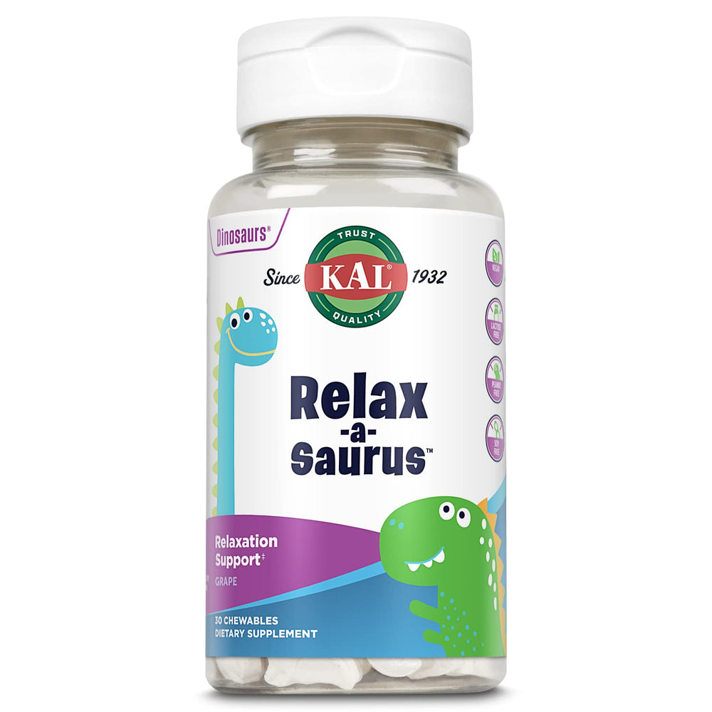 KAL Relax-a-Saurus bottle front promoting kid-friendly stress support