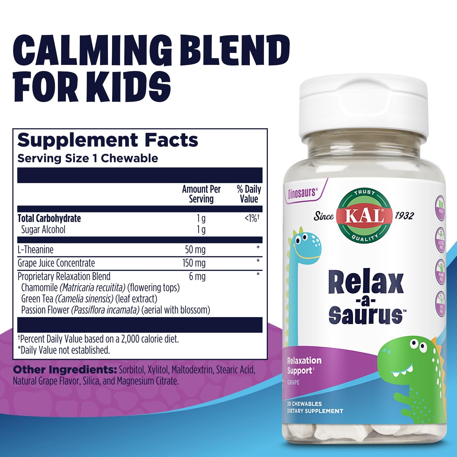 KAL Relax-a-Saurus chewables on plate showcasing delicious grape flavor