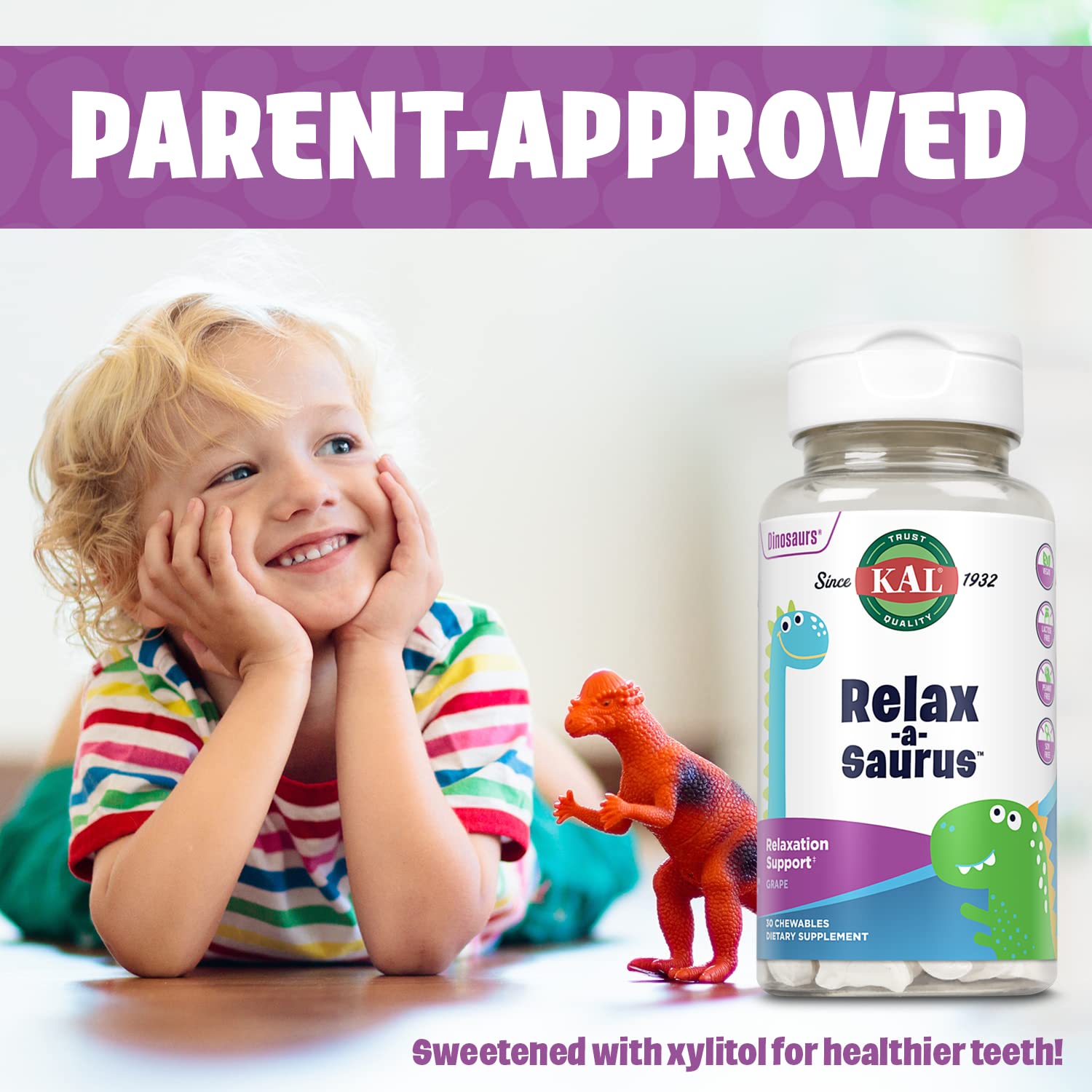 KAL Relax-a-Saurus grape-flavored chewables highlighting teeth-friendly formula