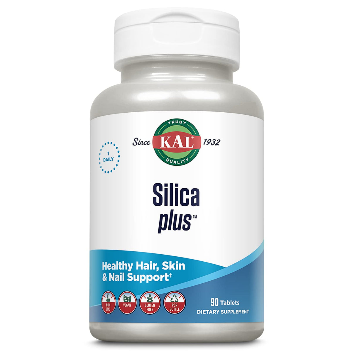 KAL Silica Plus bottle front shows dual-source silica for healthy hair and nails.