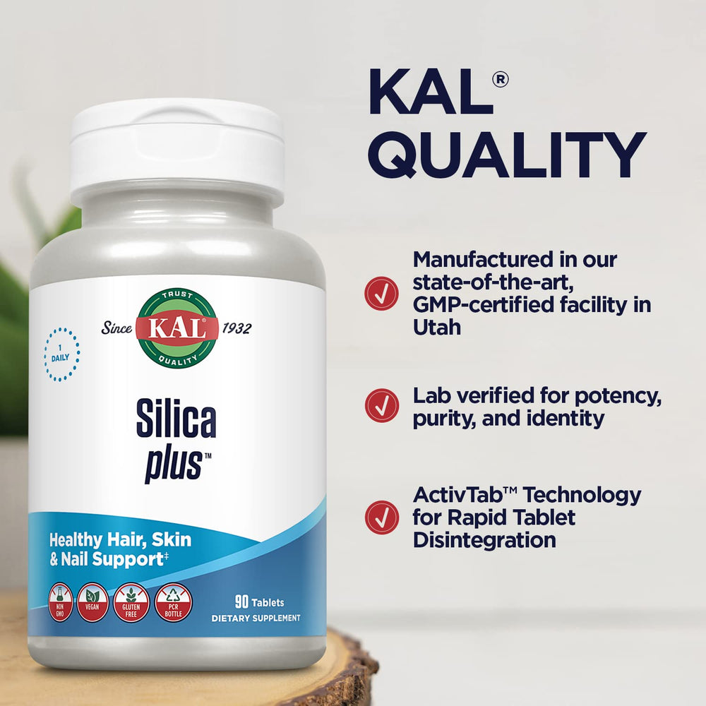 KAL Silica Plus ingredients diagram highlighting vegan and gluten-free formula.